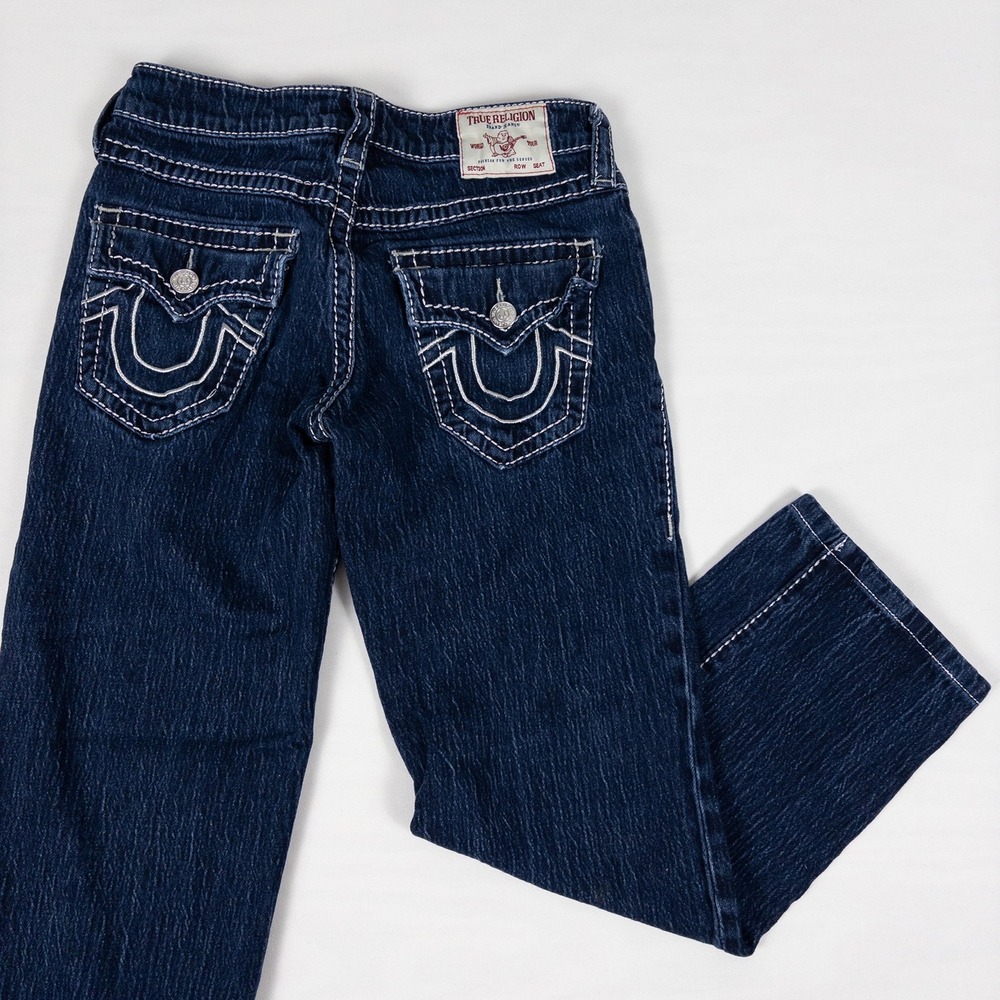 True‎ Religion Ricky Relaxed Straight Women 25 Blue Big T Silver Stitching Jeans